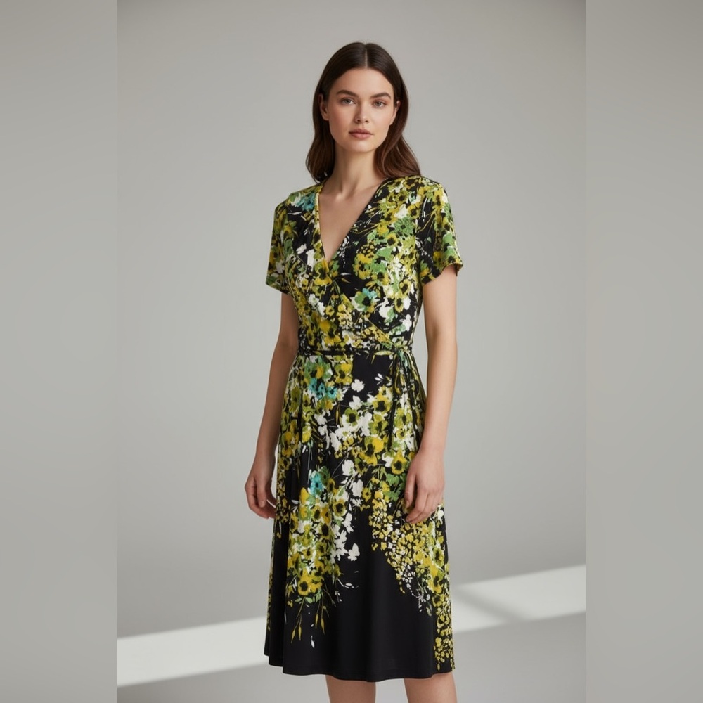 Apt. 9 Black and Green Floral Belted Wrap Dress